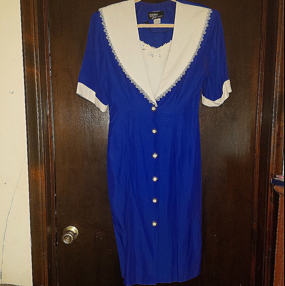 Vintage 80s Dawn Joy Fashions dark blue dress